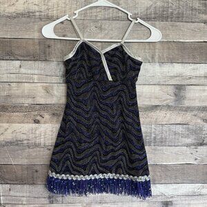 Curtain Call Dance Costume Child CME Blue Silver Fringe Sequin Jazz Tap
